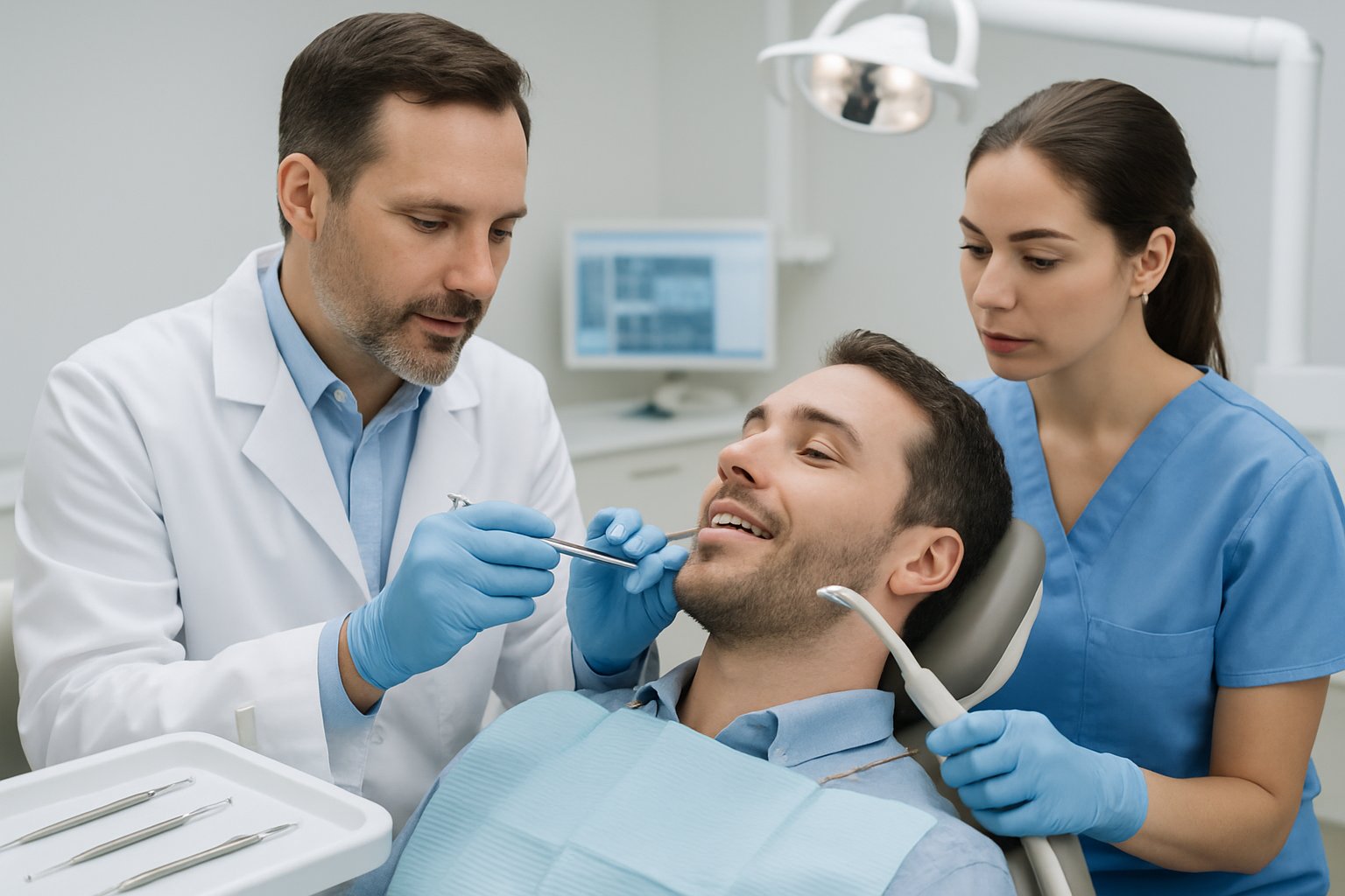 A dentist and dental hygienist attending to a patient in a dental chair inside a modern dental clinic.