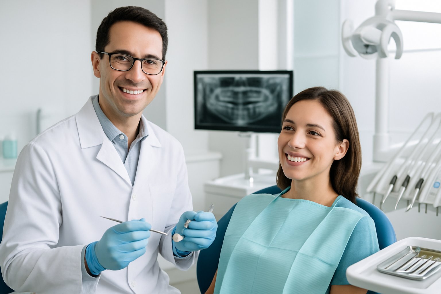 A dentist preparing to clean a patient's teeth in a modern dental clinic with dental tools and equipment visible.