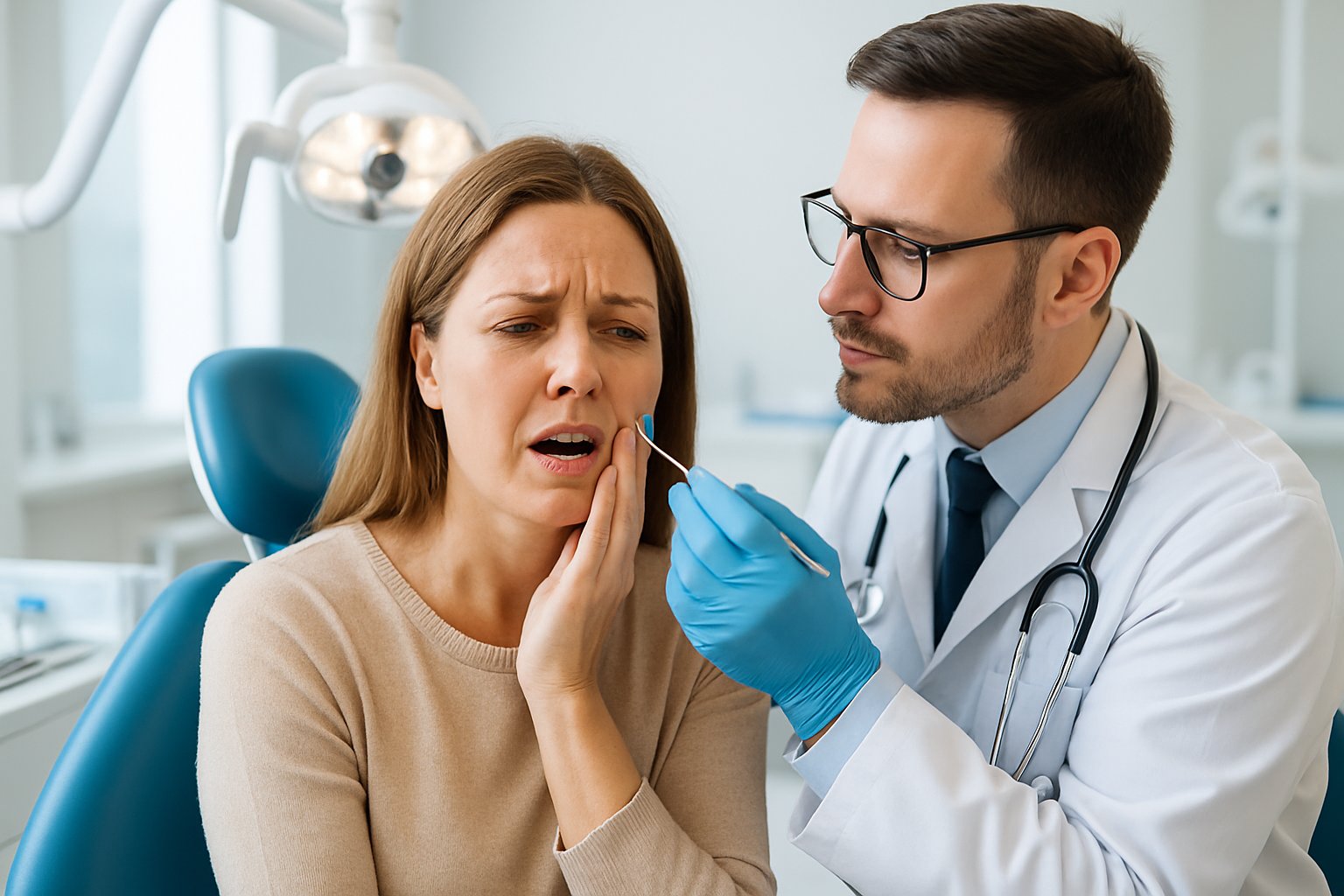 A dentist examining a woman holding her cheek in pain inside a dental clinic.
