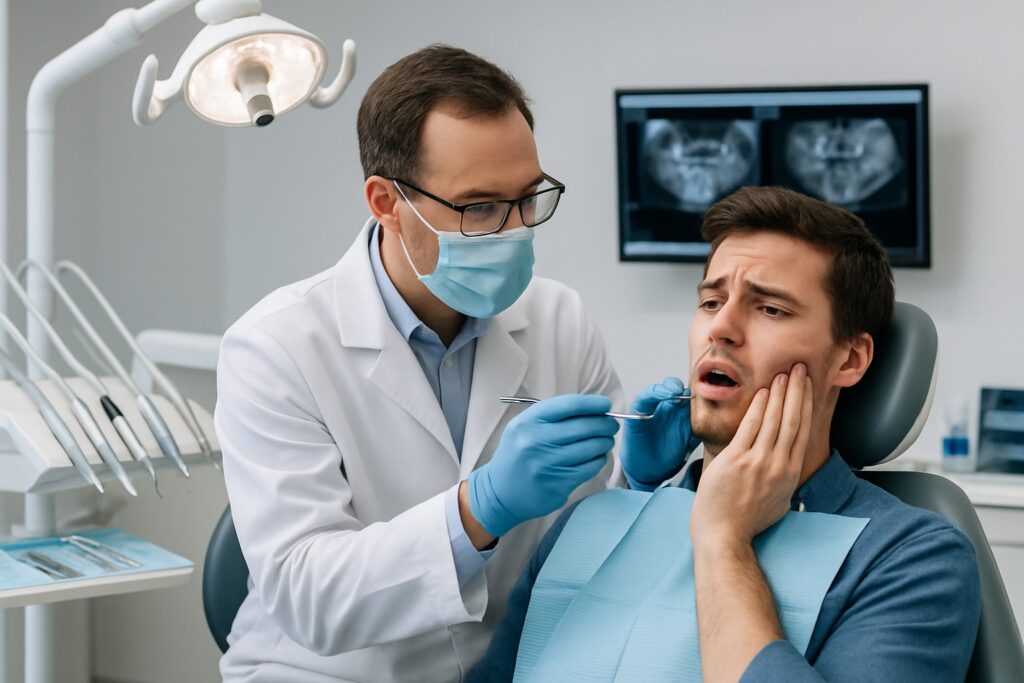 Dentist examining a young adult patient in a dental chair during a dental emergency in a modern clinic.