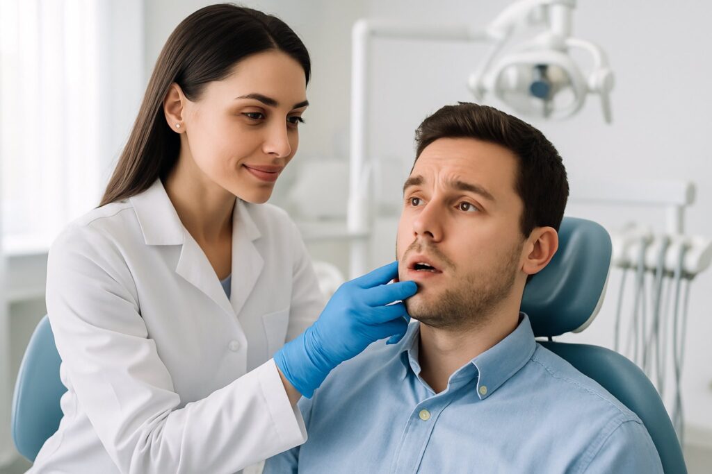 A female dentist examining a young male patient's mouth in a dental clinic.