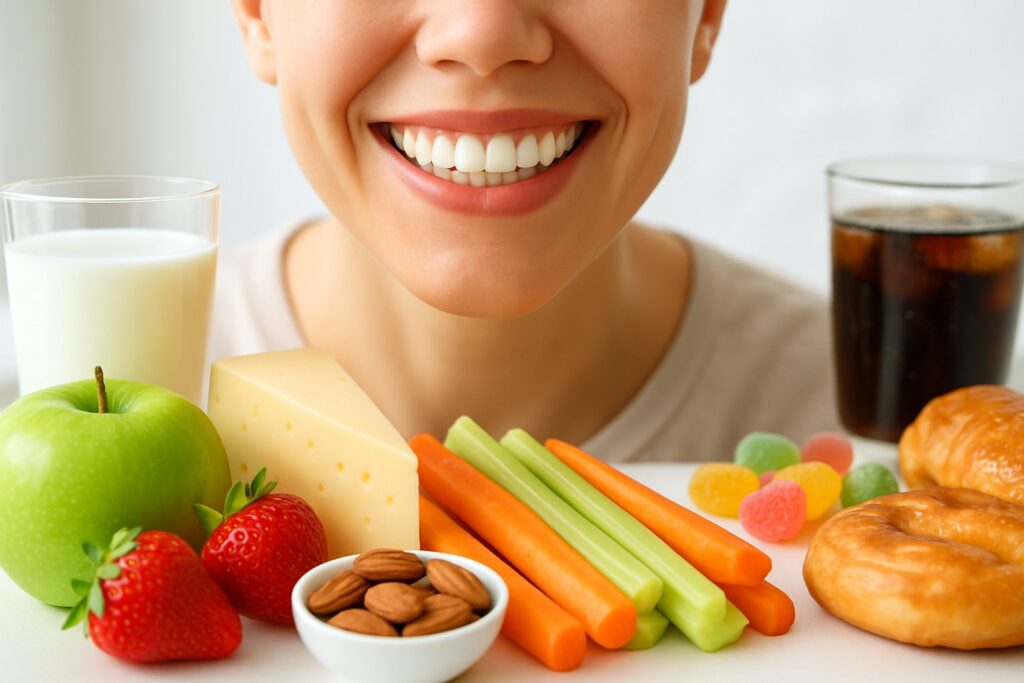 Close-up of a smiling person showing healthy teeth surrounded by fresh fruits, vegetables, dairy, and nuts on one side, and sugary snacks and soda on the other.