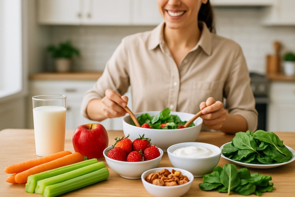 A kitchen table with fresh fruits, vegetables, dairy, and nuts, with a person smiling in the background preparing food.