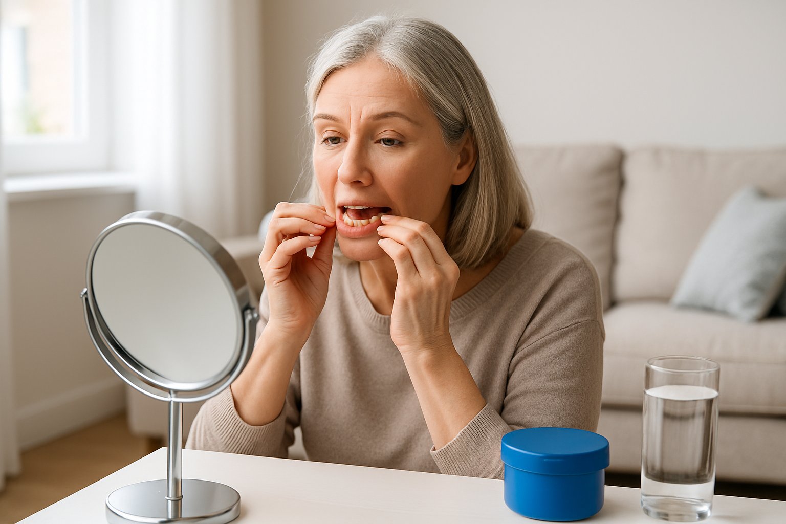 A middle-aged woman adjusting her new dentures while sitting in a bright living room in front of a mirror.