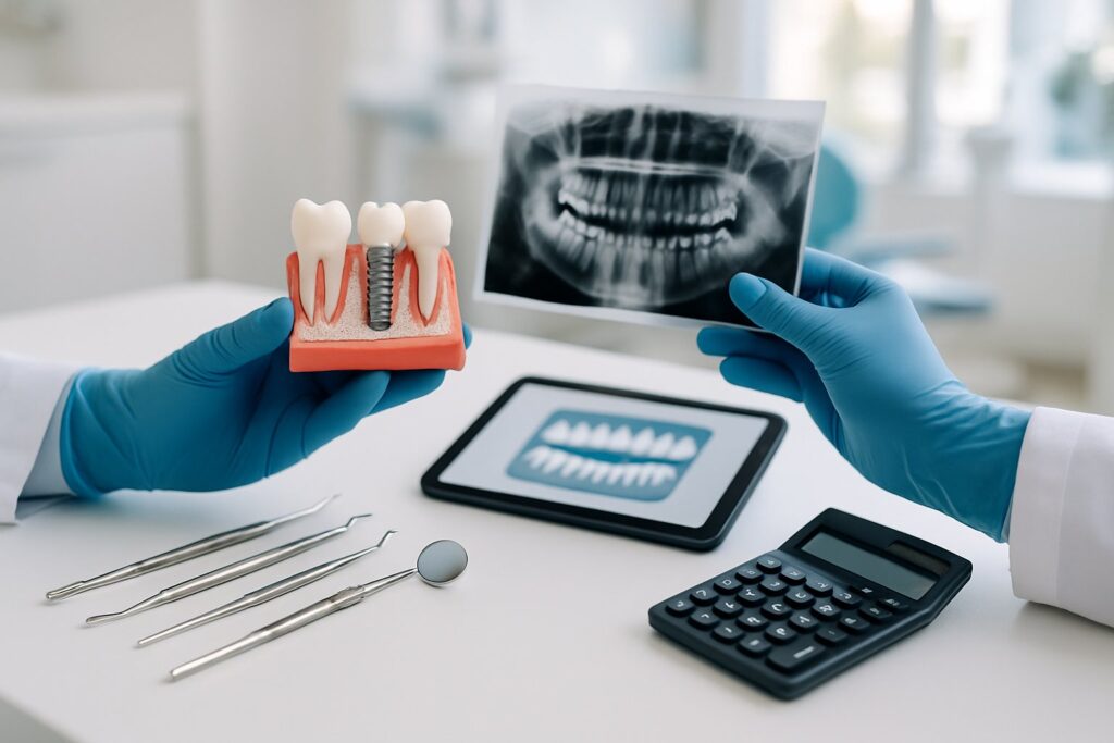 Dentist holding a dental implant model and X-ray in a bright dental office with dental tools and calculator on the desk.