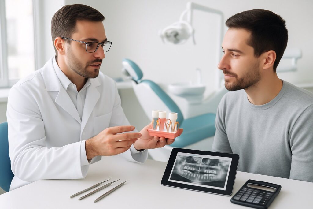 Dentist explaining dental implants to a patient during a consultation in a dental clinic.