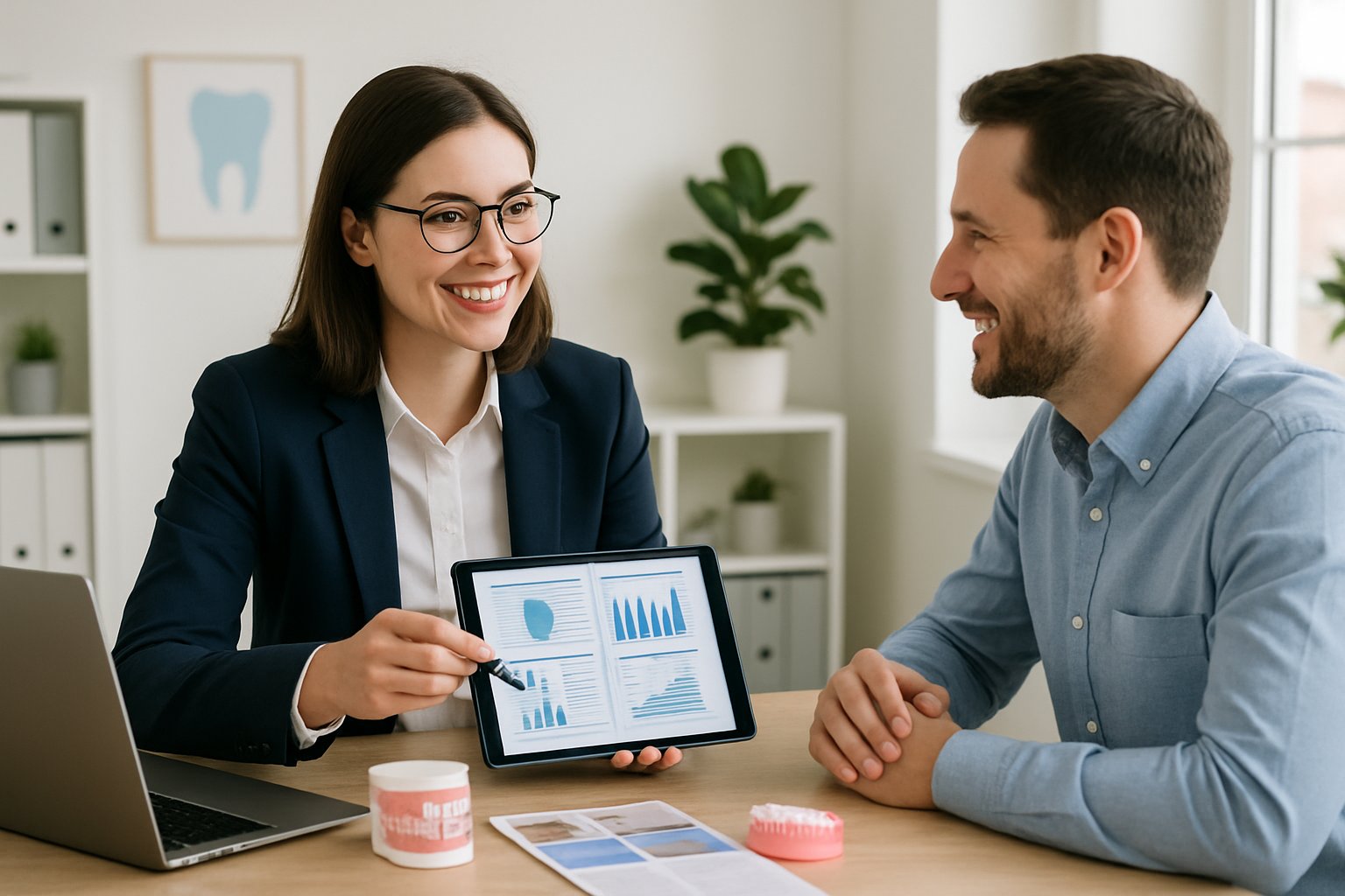 A dental insurance agent explaining coverage details to a patient in a bright office.