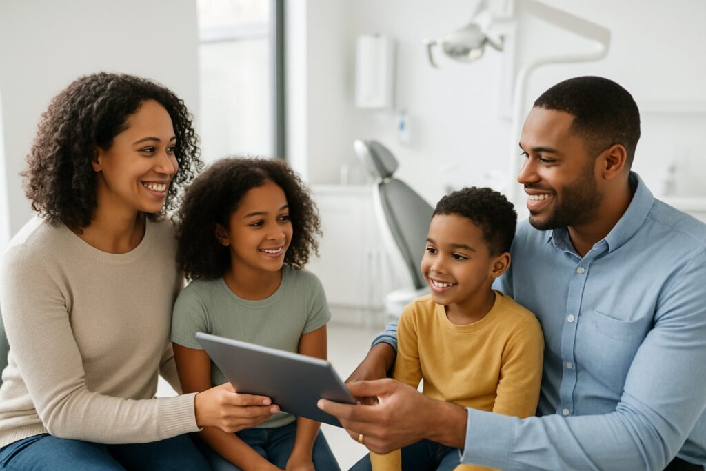 A dentist explaining dental insurance details to a smiling family in a dental clinic.