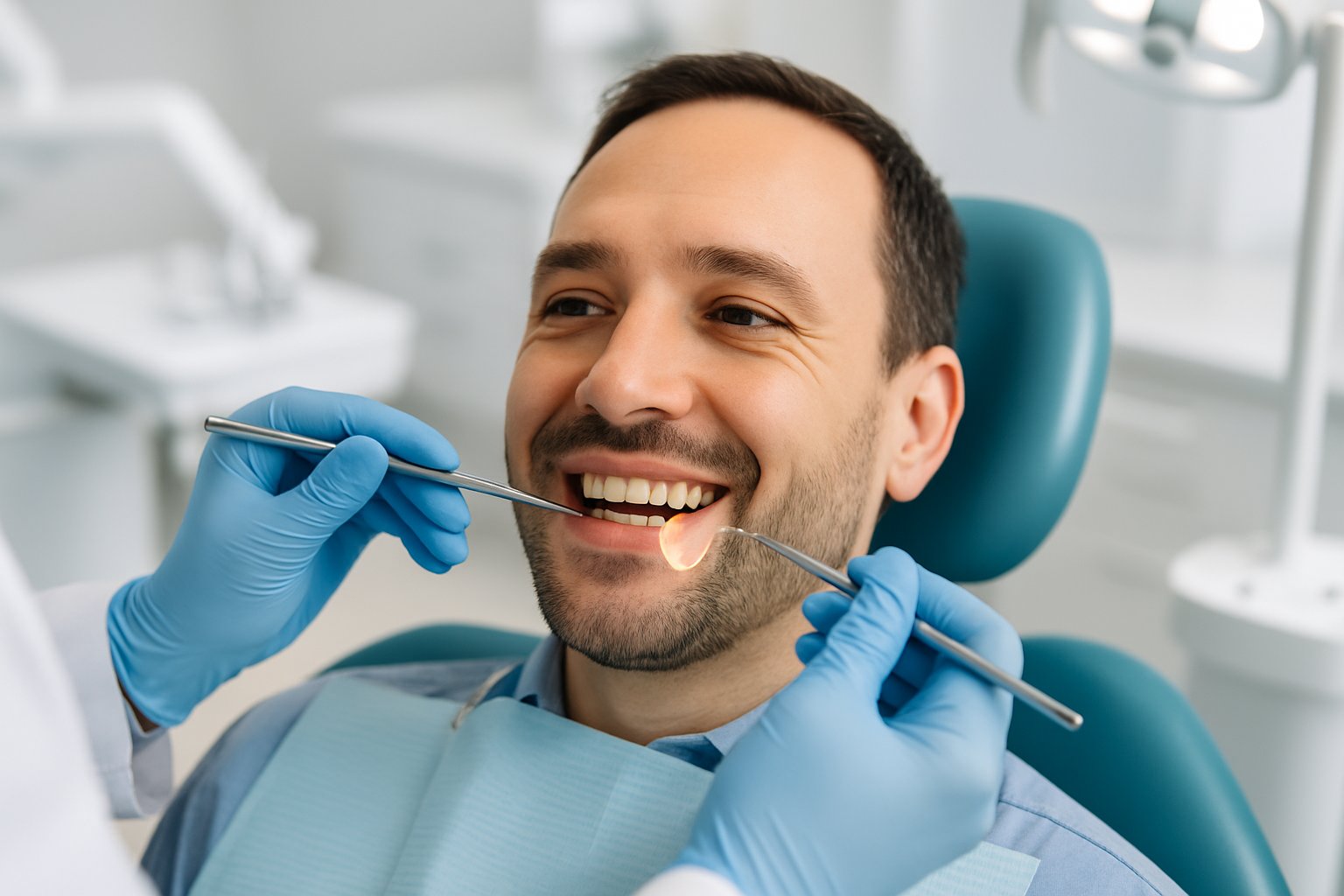 Dentist examining a patient's teeth in a dental clinic, focusing on a tooth that may need a dental crown.