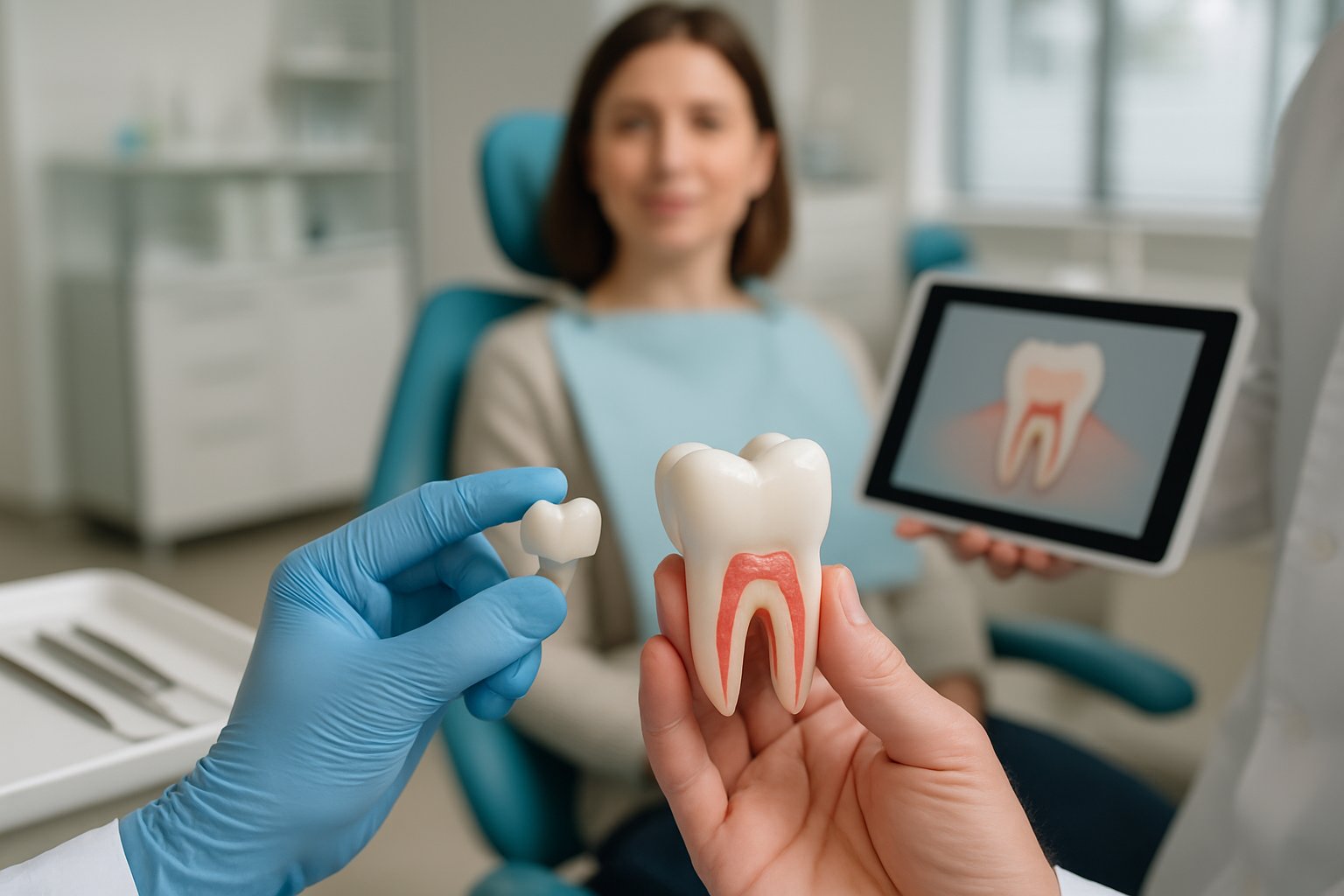 A dentist holding a dental crown next to a tooth model while explaining the procedure to a patient sitting in a dental chair.