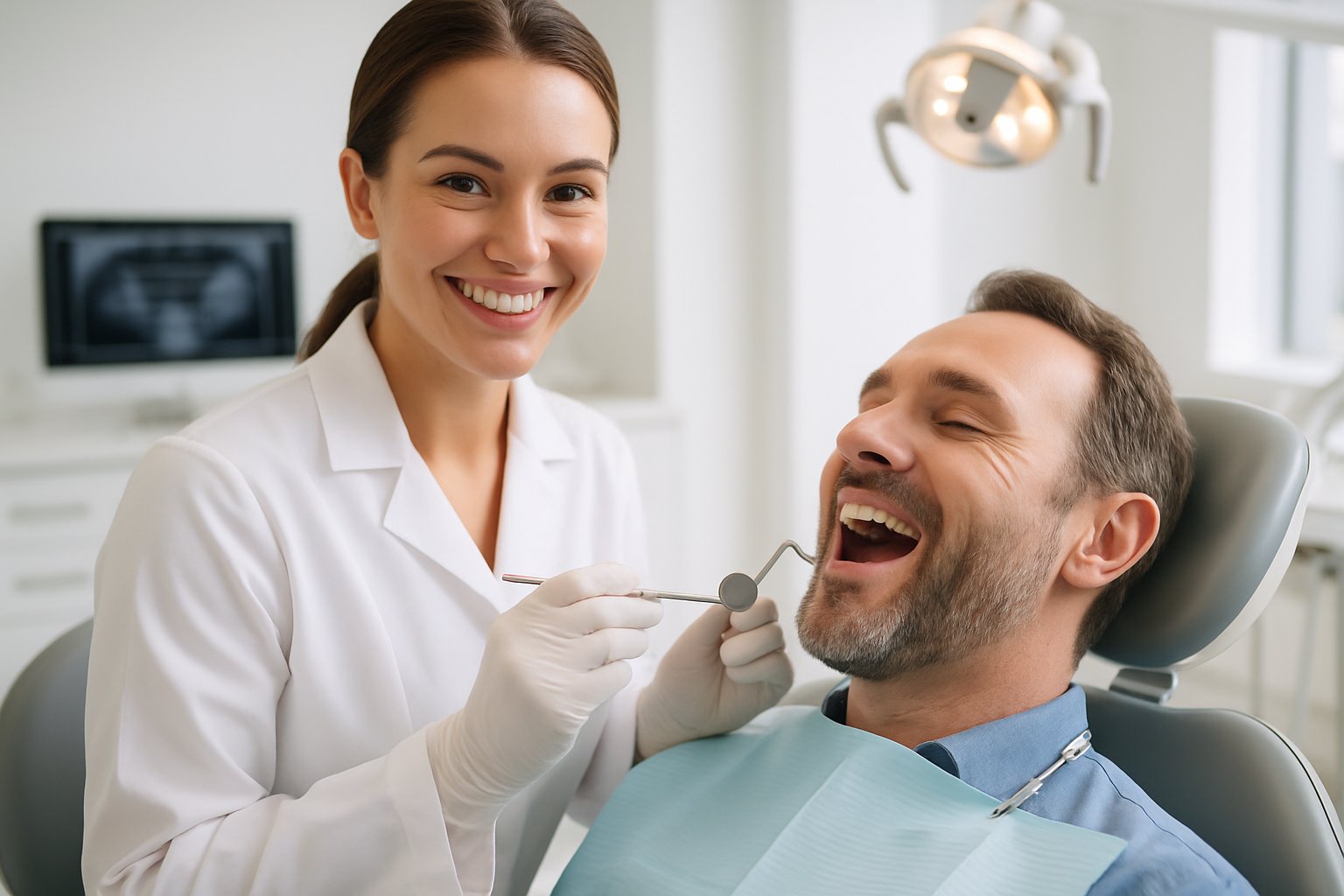A dental hygienist cleaning a patient's teeth in a dental clinic.