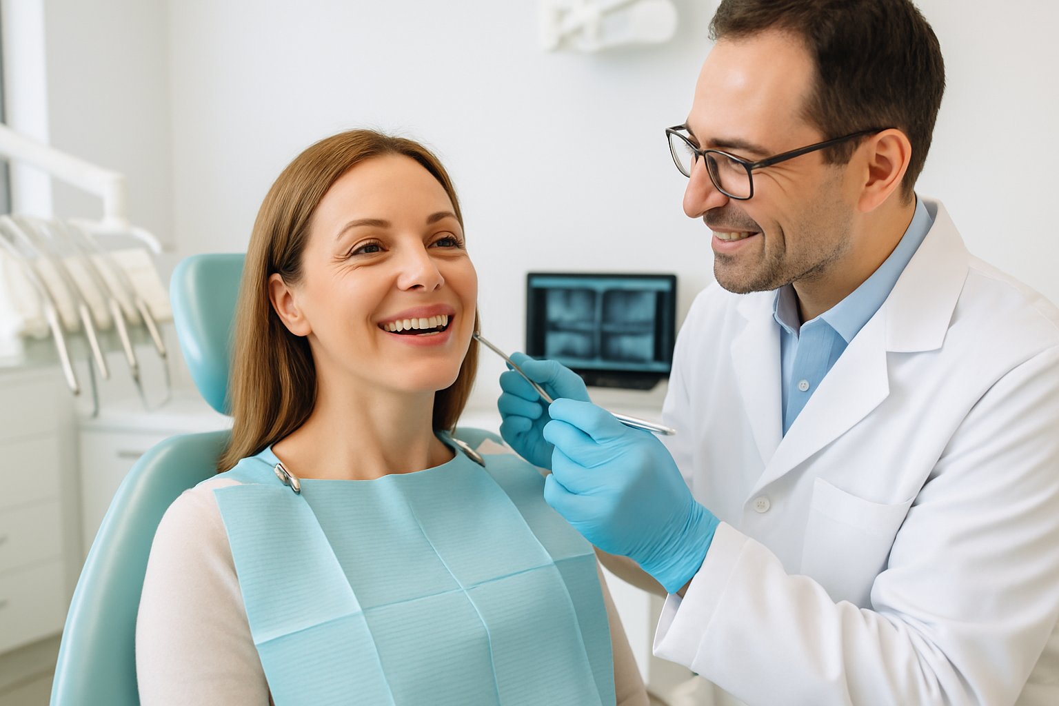 A woman sitting in a dental chair having her teeth examined by a dentist in a dental clinic.