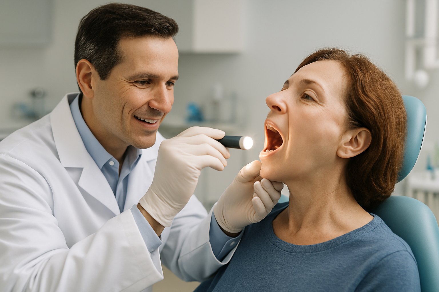 A dentist examining a patient's mouth during an oral cancer screening in a dental clinic.