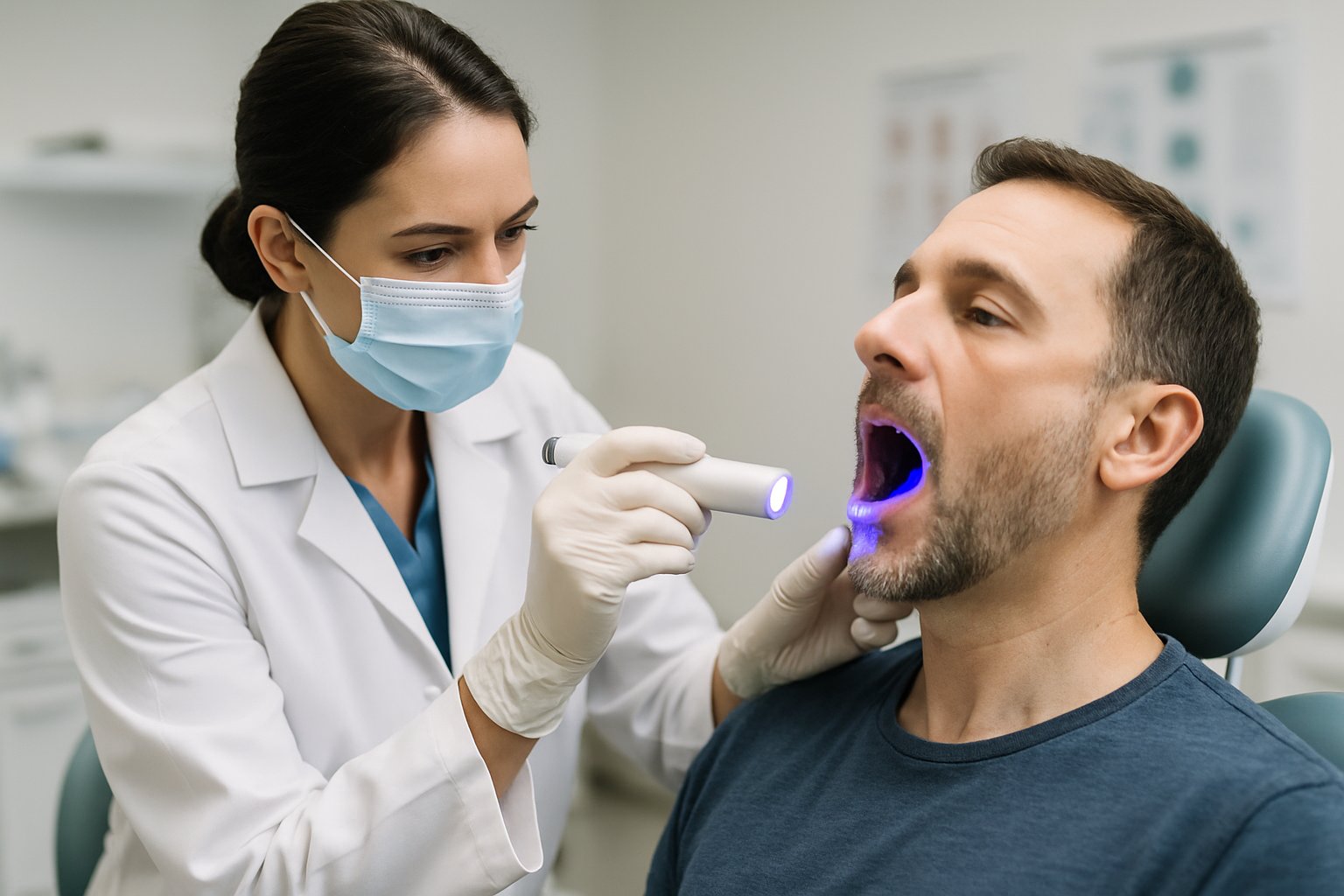 A healthcare professional examining a patient's mouth during an oral cancer screening in a clinical setting.