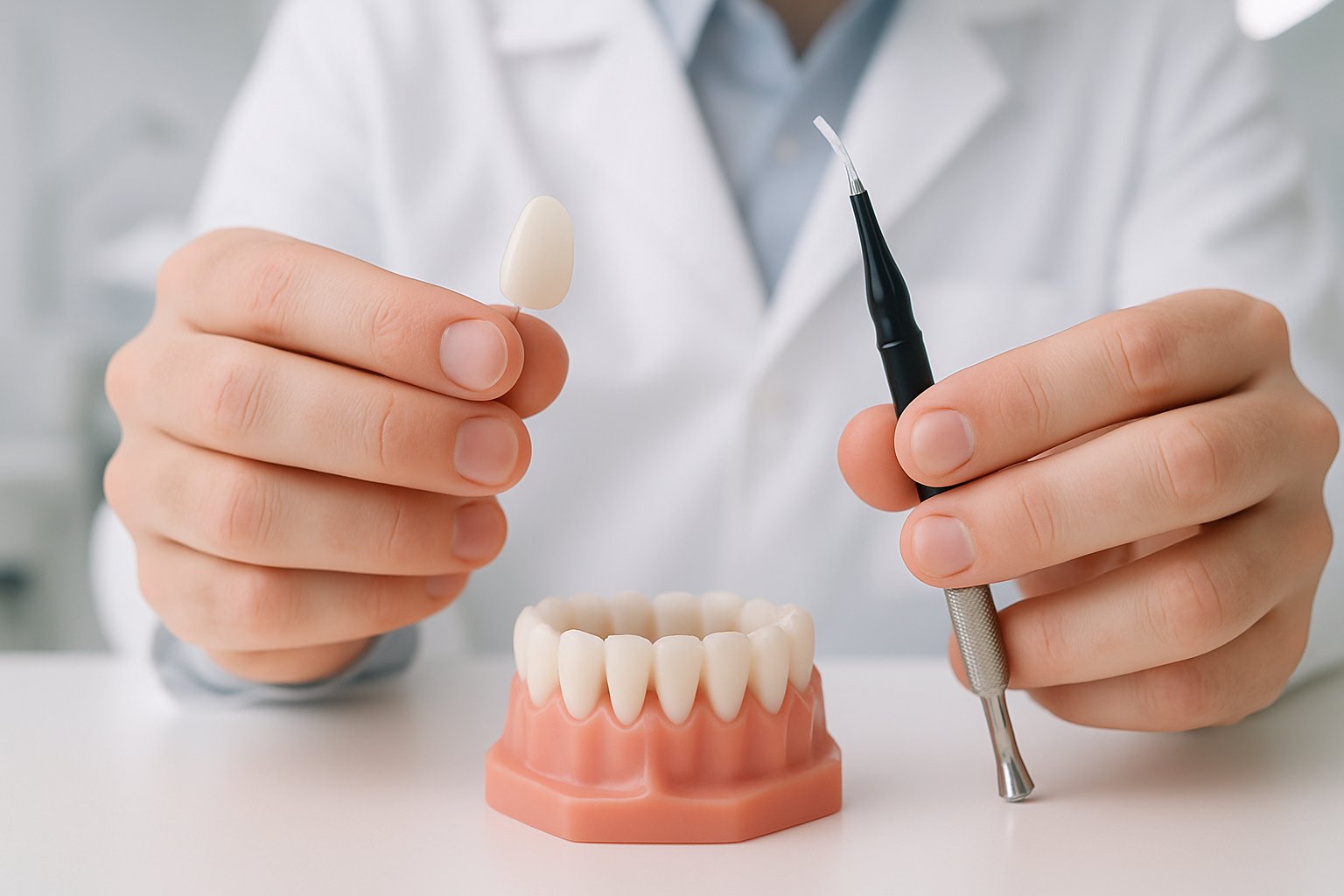 Close-up of a dentist's hands holding dental veneers and bonding tools next to a dental model in a dental clinic.