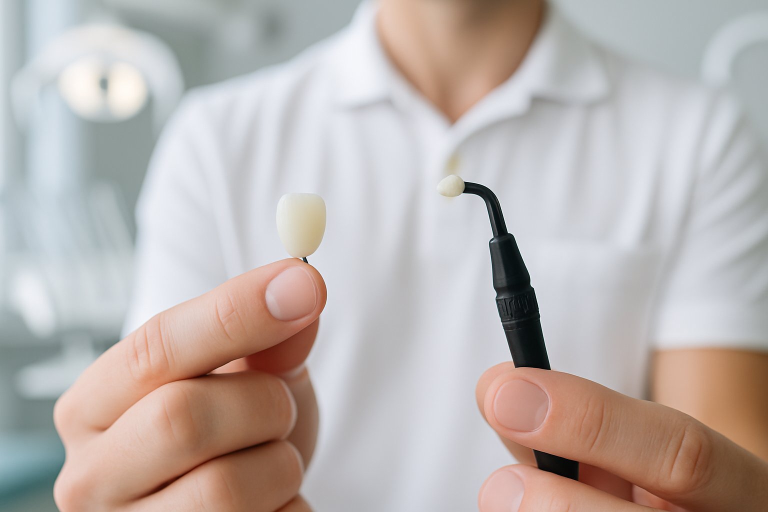 Close-up of a dentist's hands holding a dental veneer and bonding tool in a bright dental clinic.