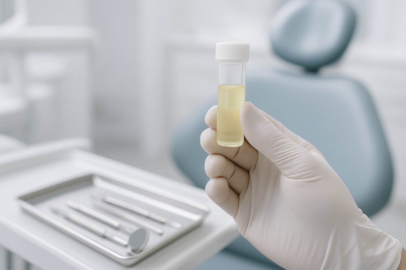 Close-up of a dentist's gloved hand holding fluoride treatment in a dental clinic with dental tools and chair in the background.