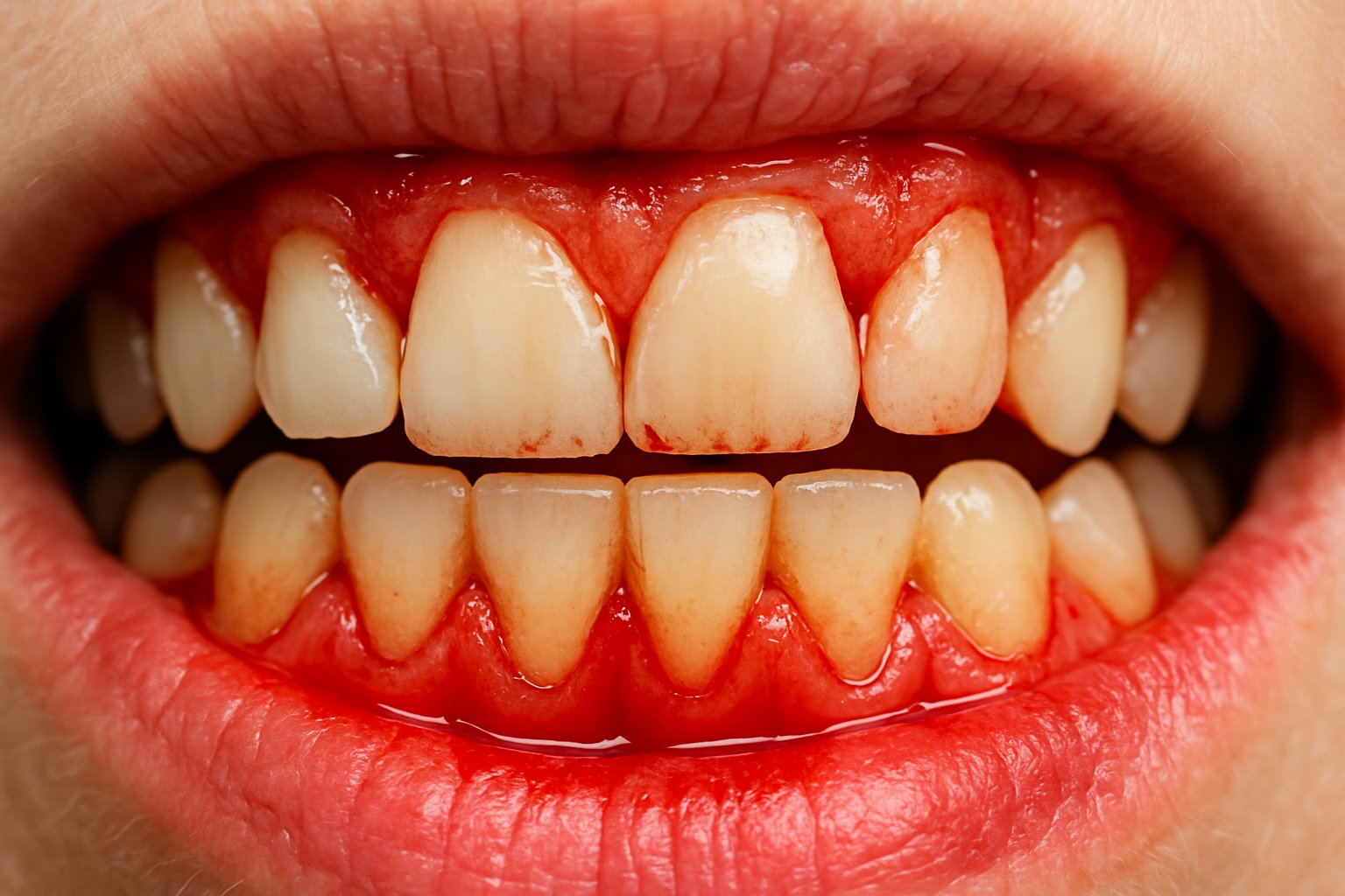 Close-up of a person's mouth showing red, swollen gums and plaque buildup on teeth.