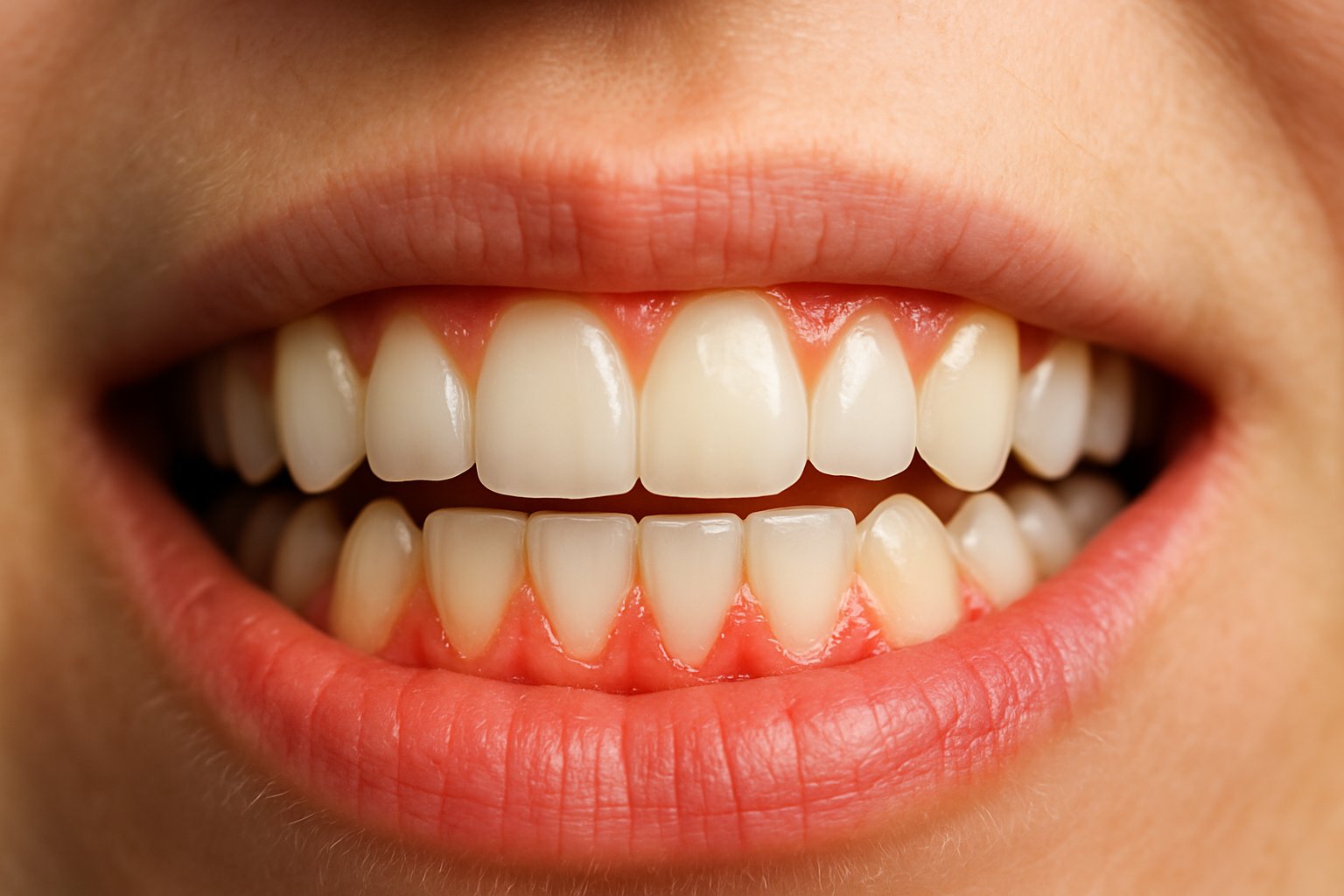 Close-up of a person's mouth showing teeth and gums with subtle signs of gum disease.