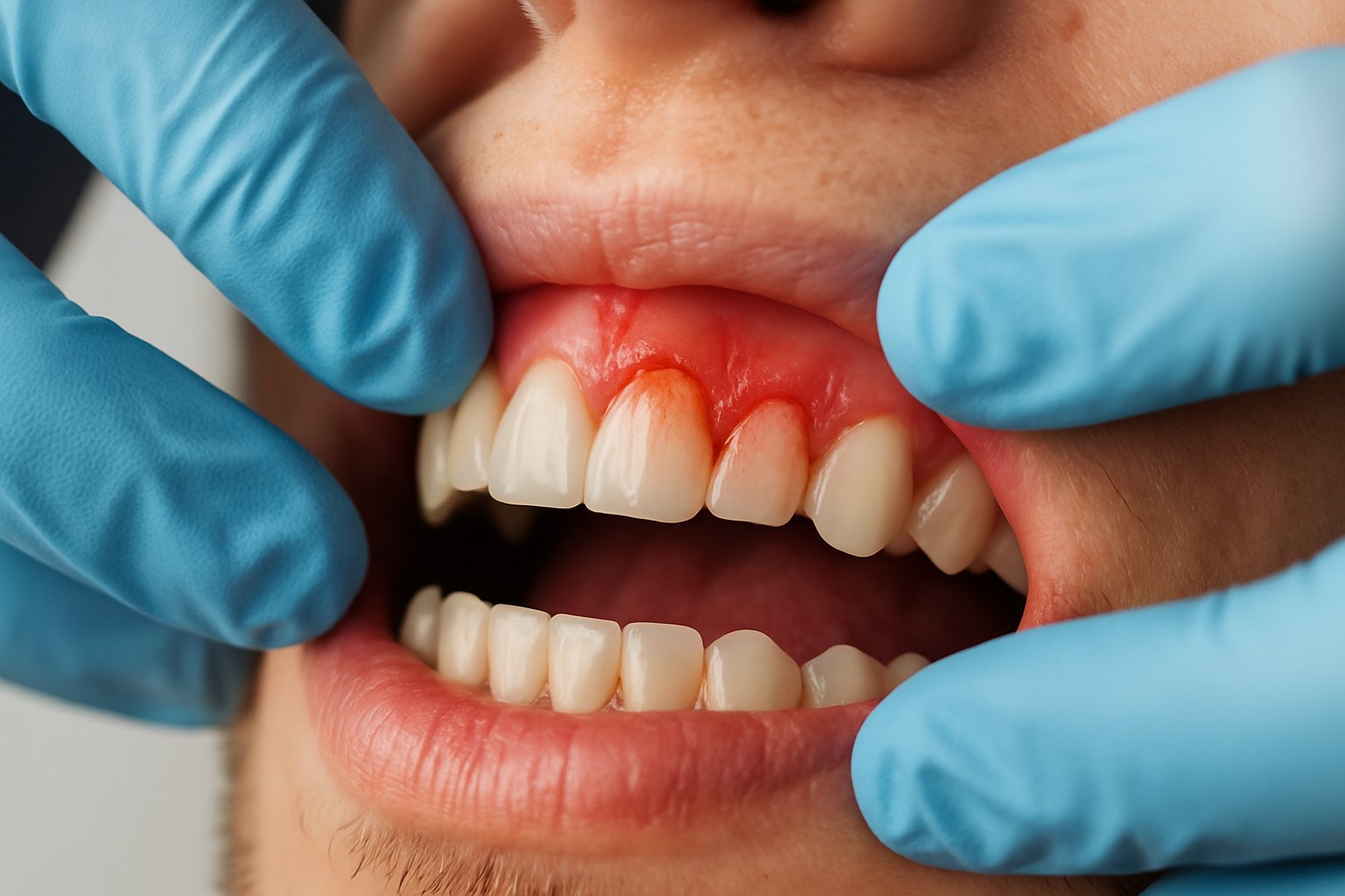 Close-up of a dentist examining a patient's gums showing signs of gum disease.