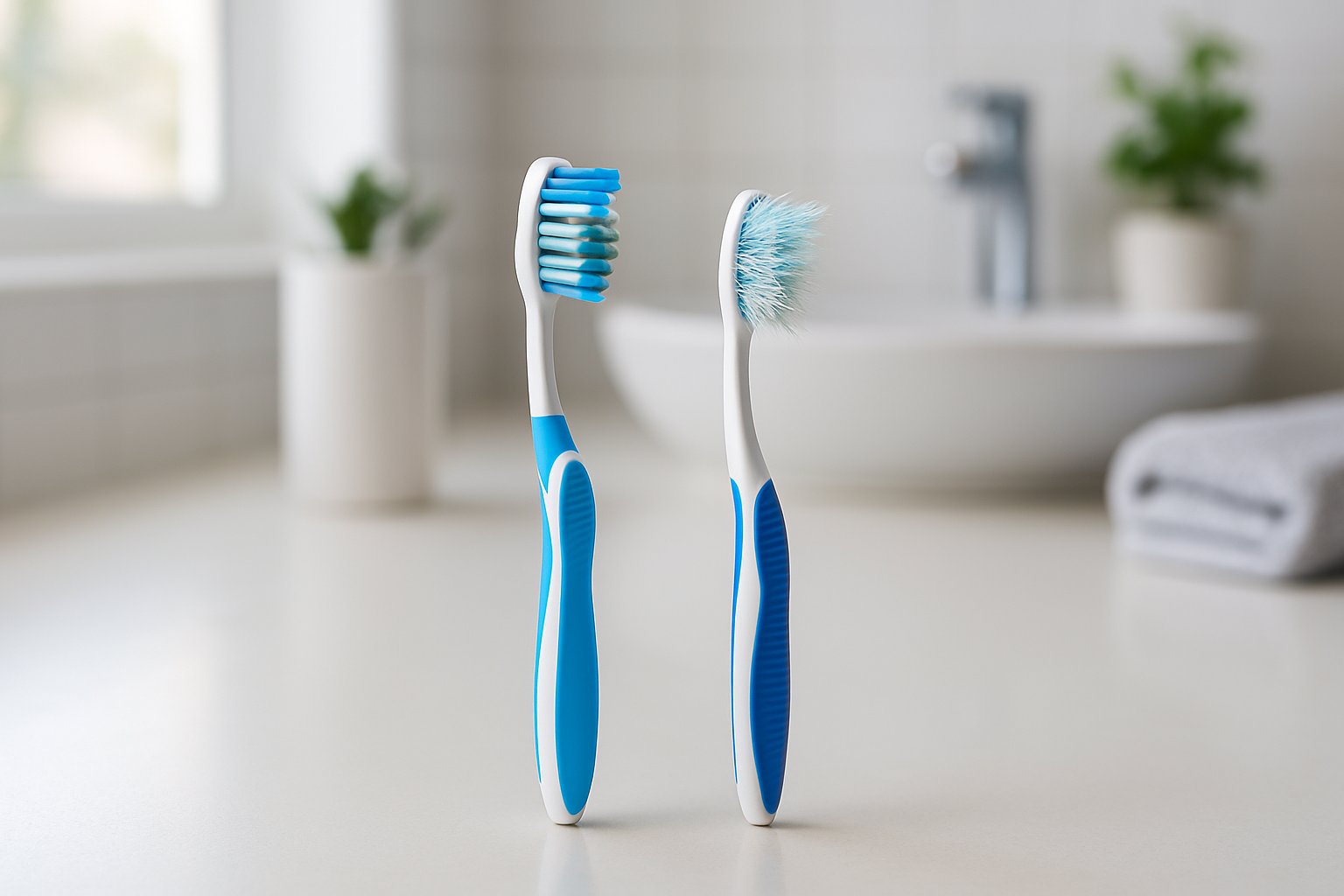 A new toothbrush next to a worn toothbrush with frayed bristles on a bathroom countertop.