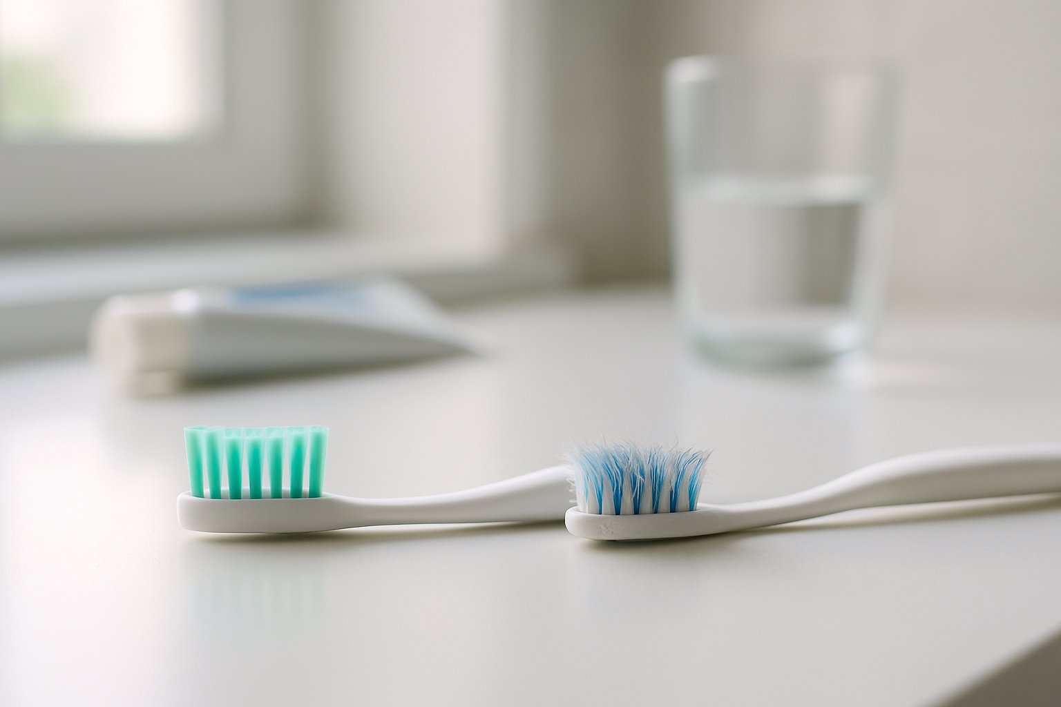 A new toothbrush next to an old, worn toothbrush on a bathroom countertop with oral care items in the background.