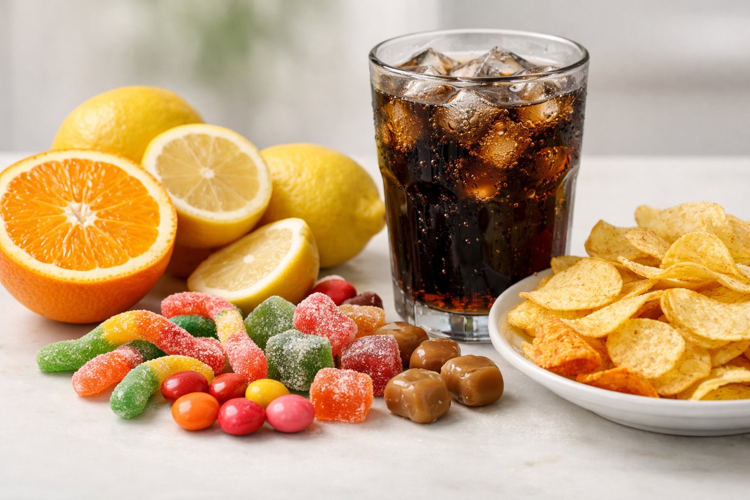 Close-up of various foods that can harm tooth enamel including citrus fruits, soda, candies, and crunchy snacks arranged on a white surface.
