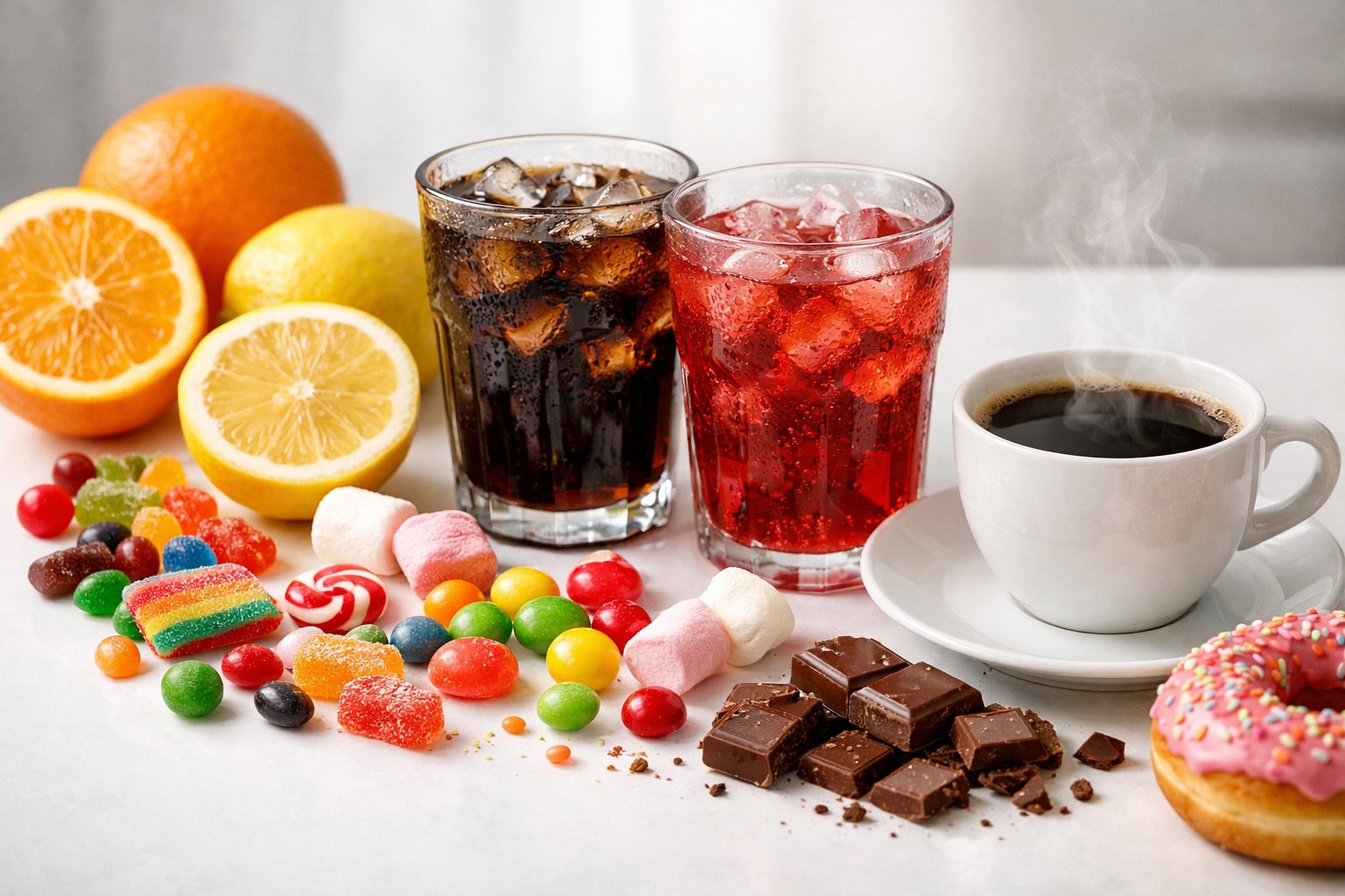 Close-up of citrus fruits, sugary sodas, candies, and a cup of coffee arranged on a white surface.