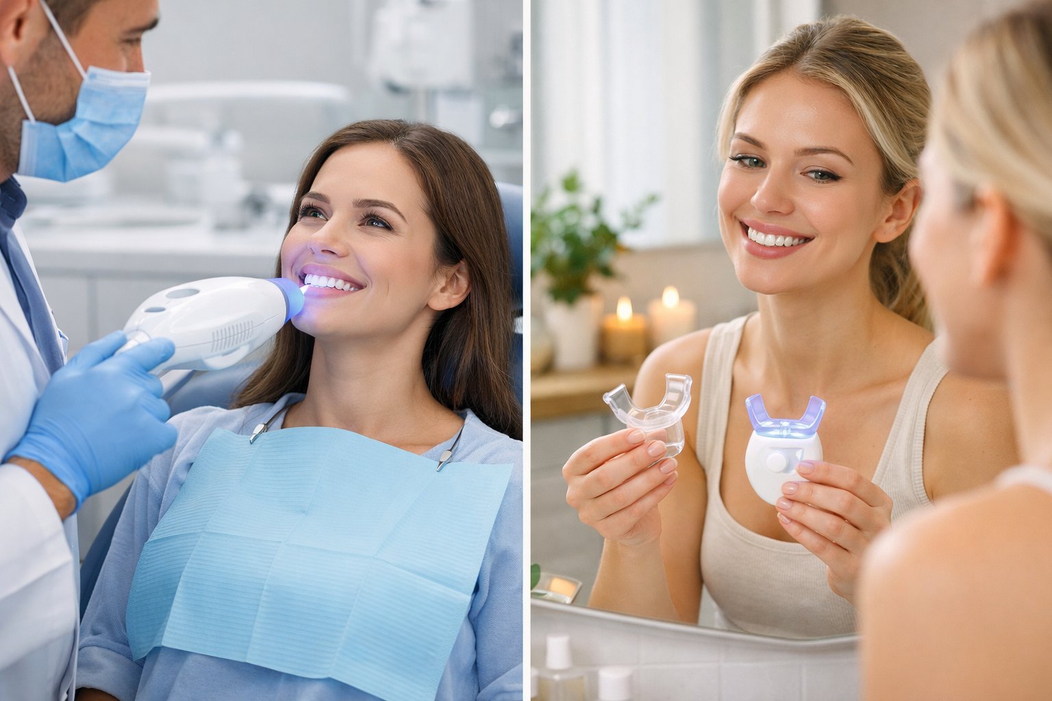Split image showing a dentist performing teeth whitening on a patient in a dental clinic on the left, and a person using an at-home teeth whitening kit in a bathroom on the right.