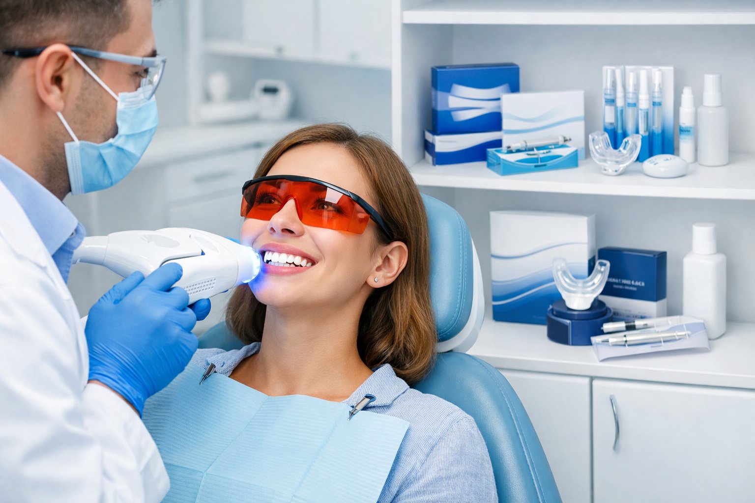 A dentist performing teeth whitening on a patient in a dental clinic with at-home whitening products displayed in the background.