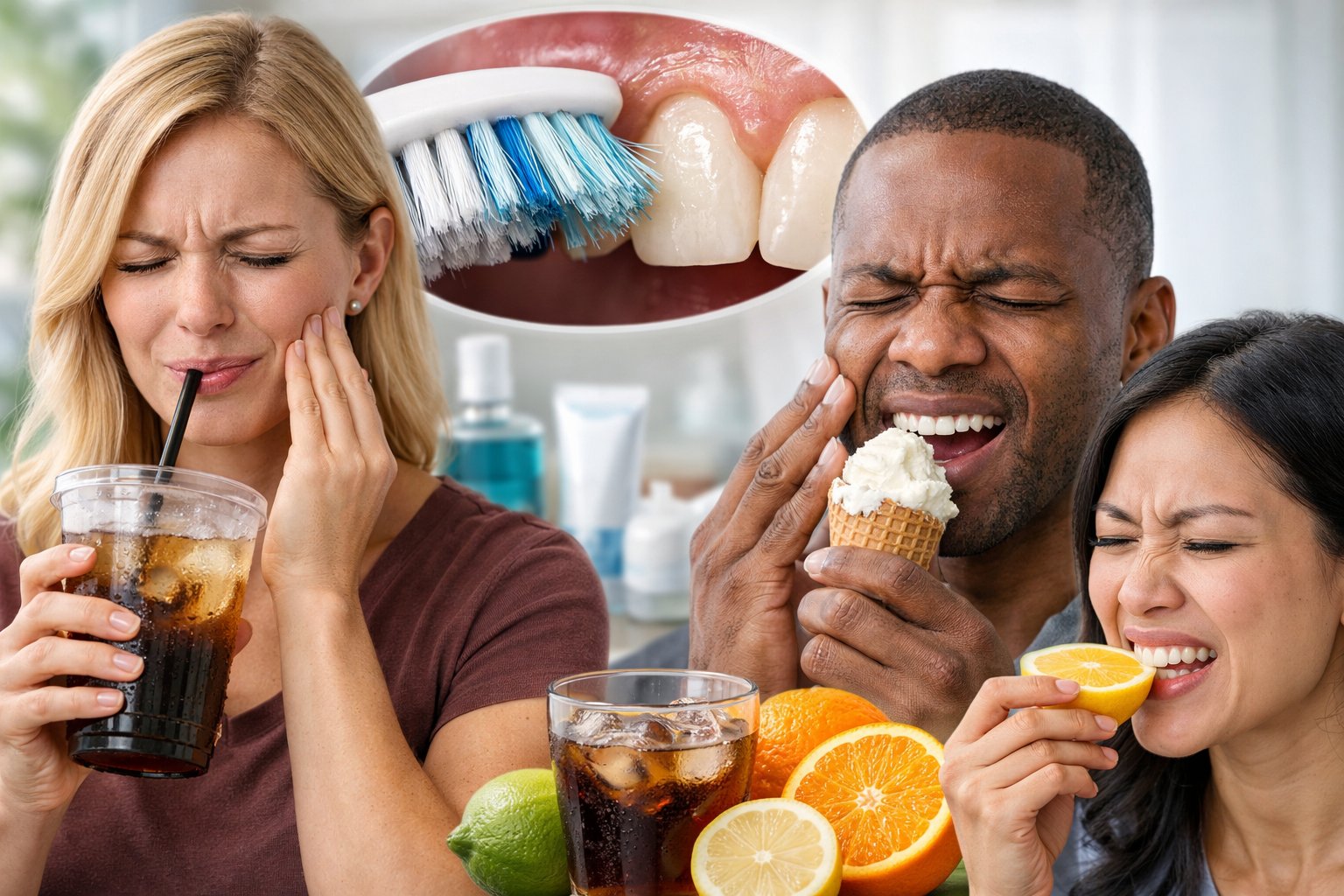 A group of adults showing mild discomfort while eating or drinking, with close-ups of teeth and dental care items representing causes of tooth sensitivity.