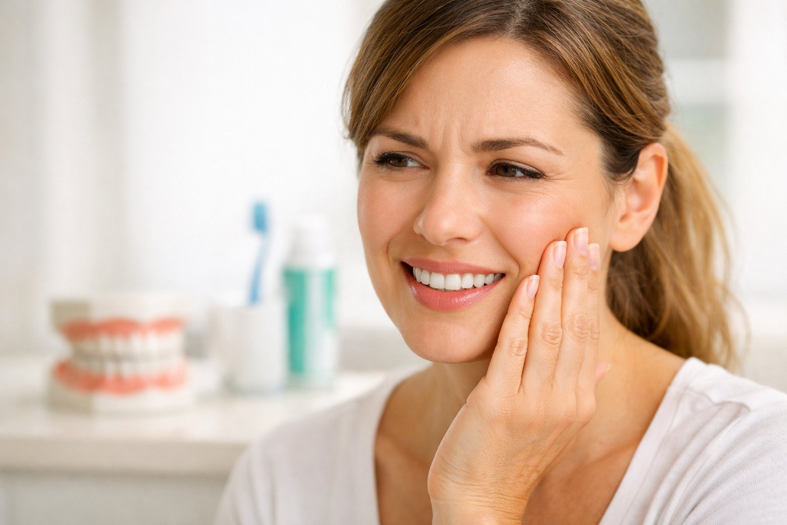 Close-up of a smiling woman gently touching her cheek inside a dental clinic with dental care items in the background.