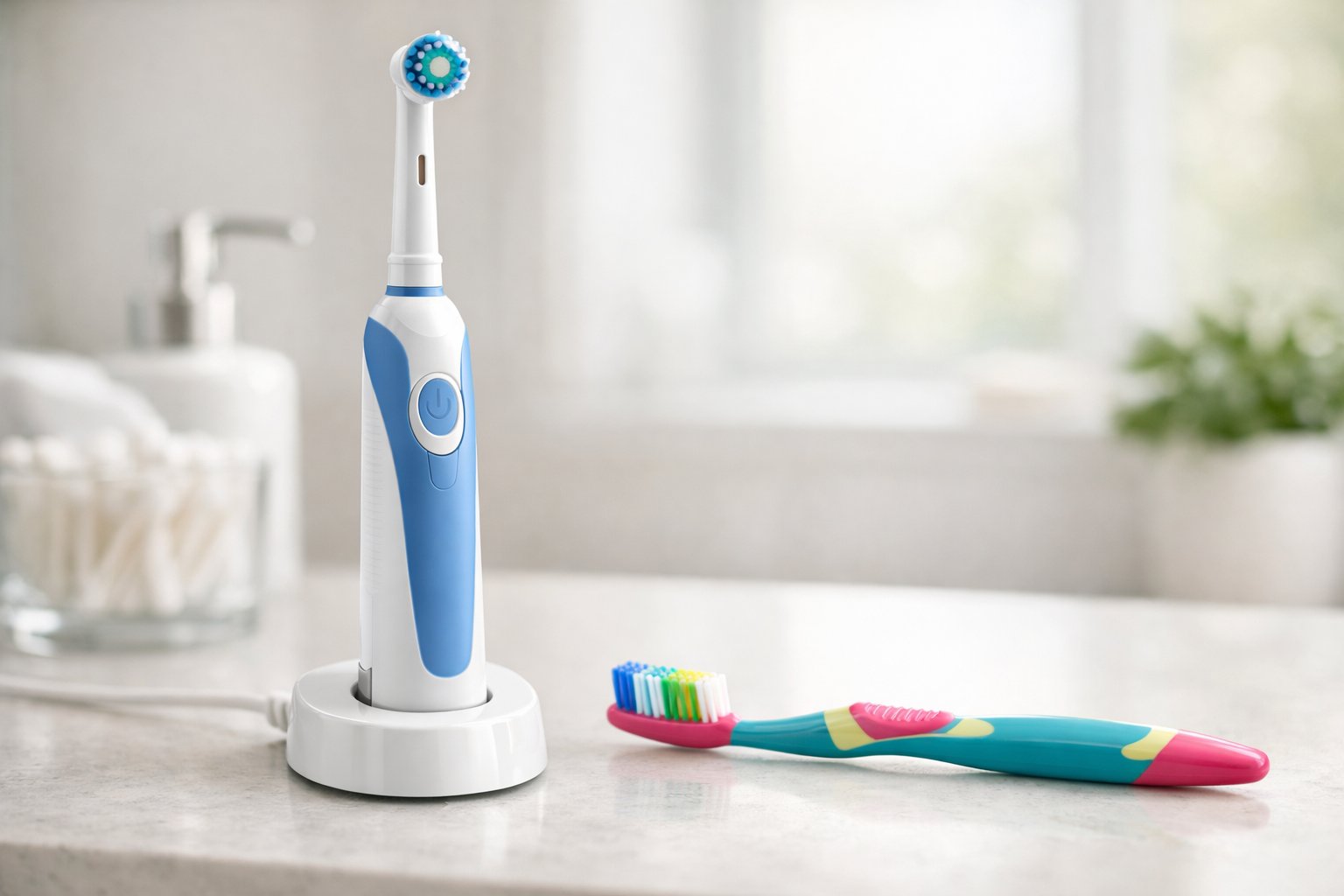A close-up of an electric toothbrush and a manual toothbrush side by side on a bathroom countertop.