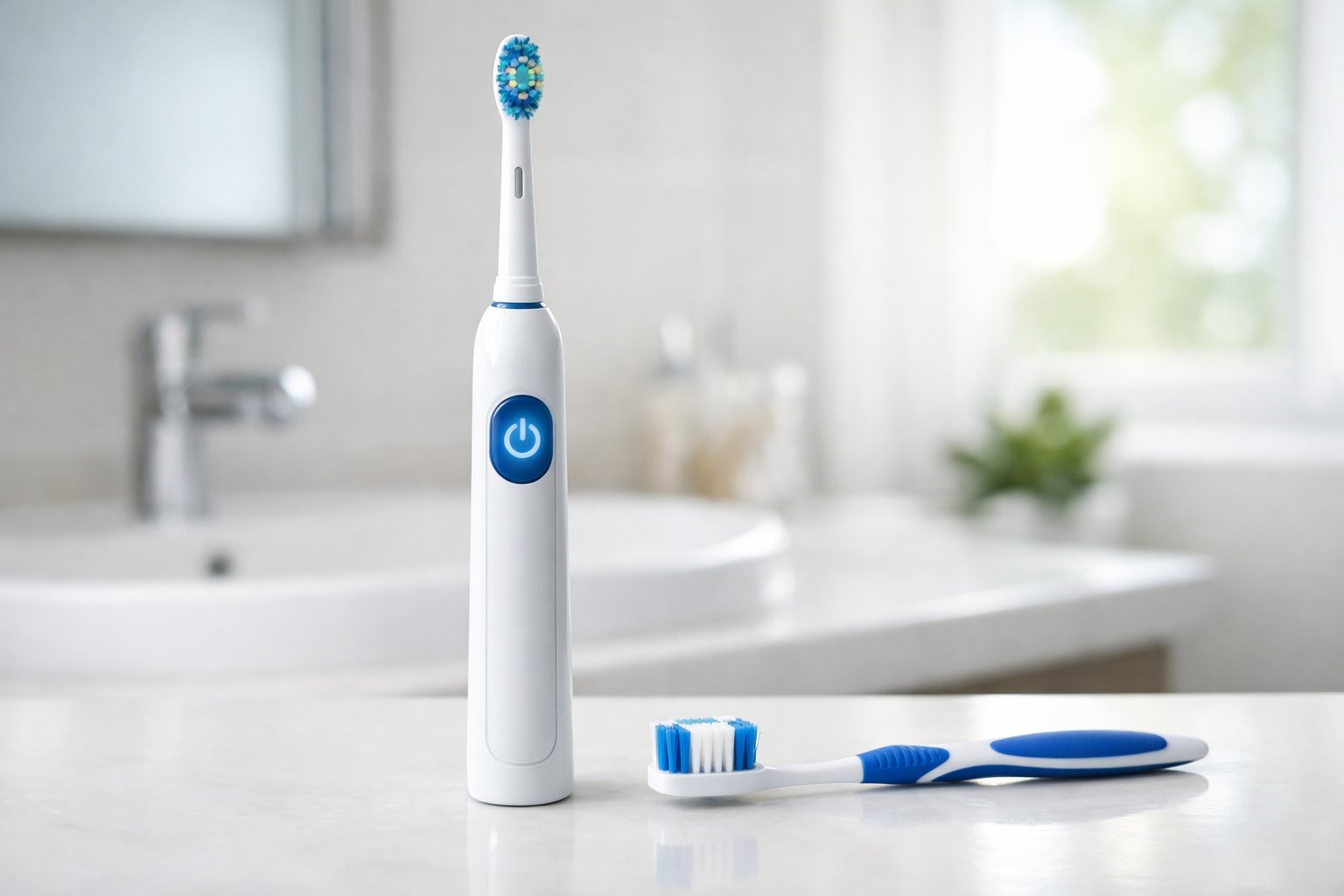 Close-up of an electric toothbrush and a manual toothbrush standing on a bathroom countertop with a blurred sink and mirror in the background.
