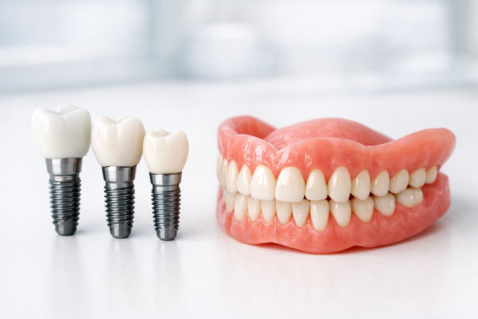 Close-up of dental implants and dentures displayed side by side on a white surface.