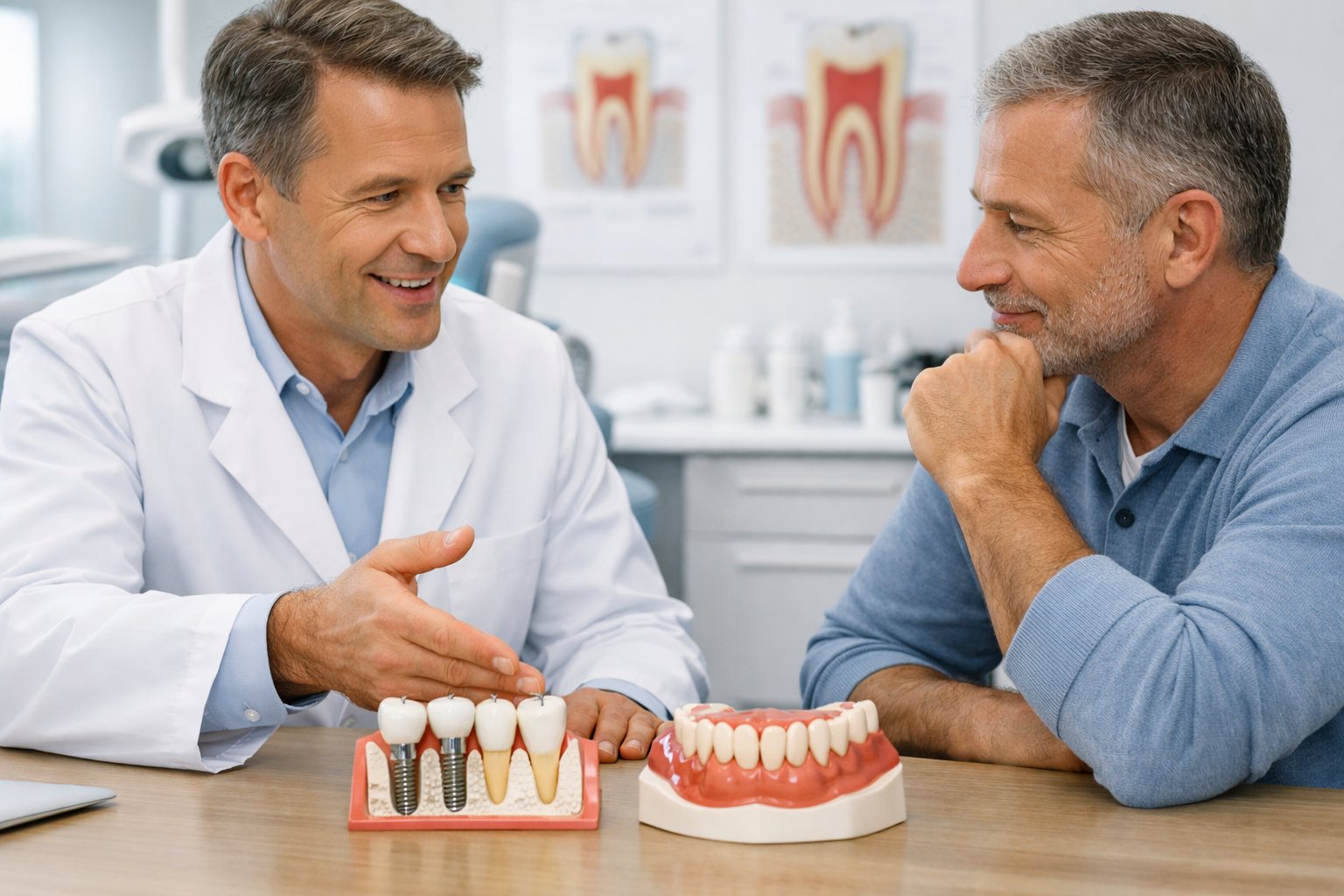 A dentist explaining dental implants and dentures to a patient in a dental office with dental models on the desk.