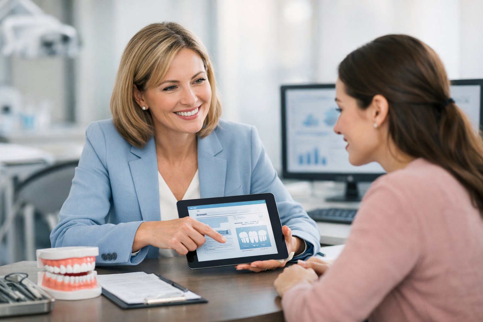 A dentist or insurance agent explains dental insurance details to a patient in a modern dental office.