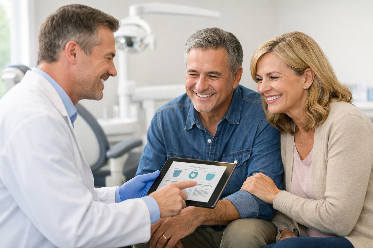 A dentist explains dental insurance options to a couple in a dental clinic while others wait nearby.