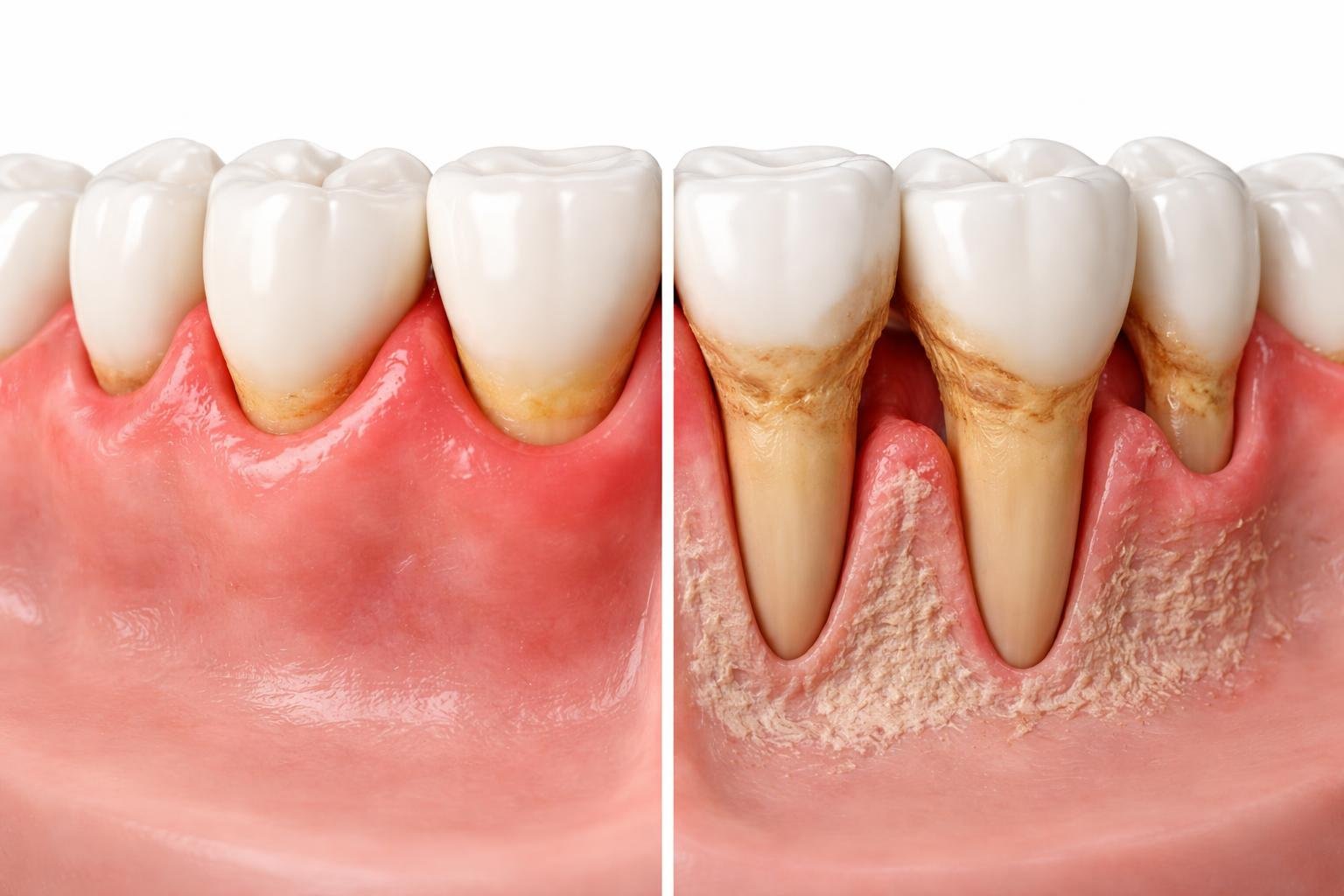 Close-up of two dental models side by side showing healthy swollen gums on one and receded gums with exposed roots on the other.
