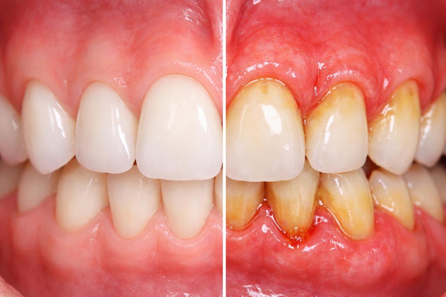 Close-up of a human mouth showing healthy gums on one side and inflamed, red gums with plaque on the other side.