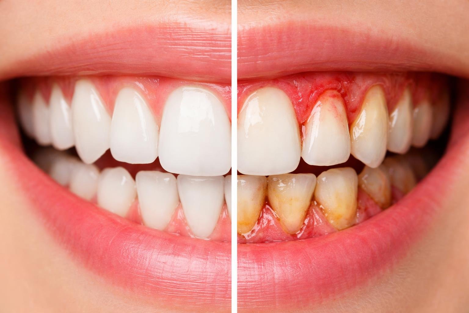 Close-up of a human mouth showing healthy gums on one side and inflamed gums with signs of gingivitis and periodontitis on the other side.