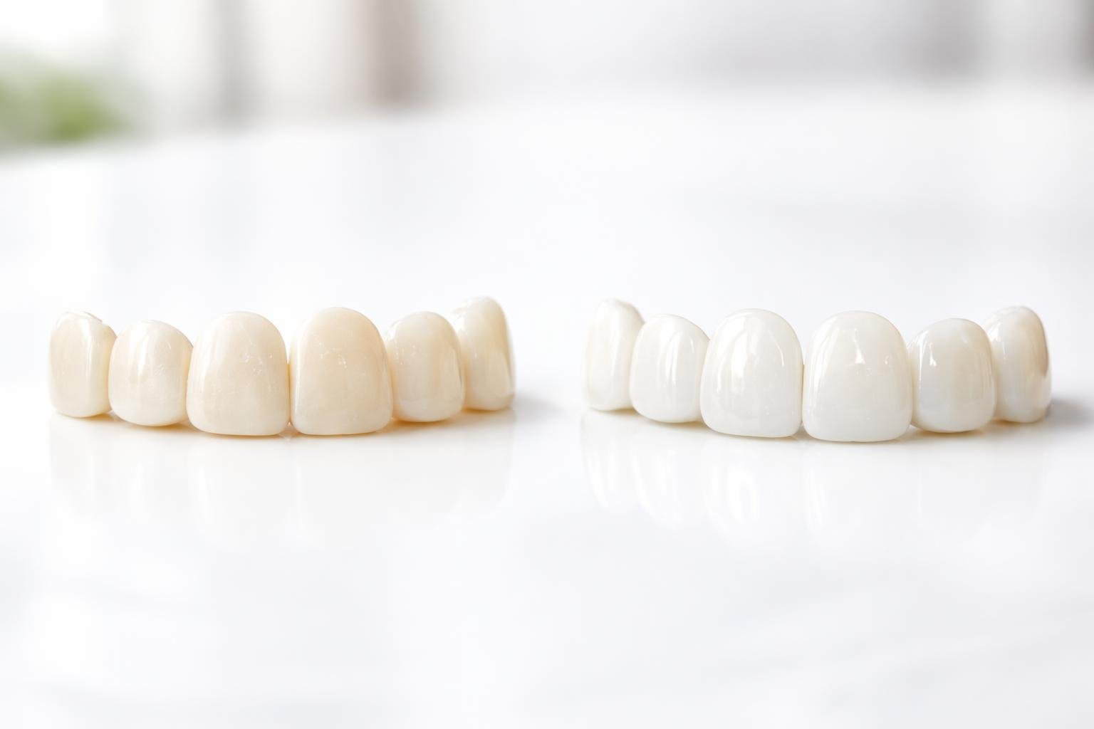 Close-up of two sets of dental veneers side by side on a white surface, showing differences in texture and shine.