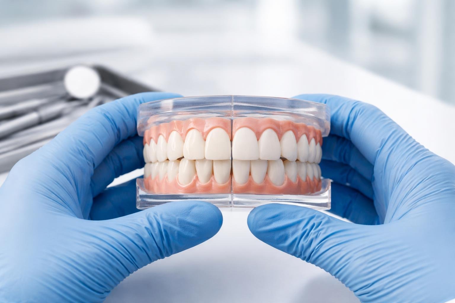 Close-up of a dental model showing composite veneers on one side and porcelain veneers on the other, held by a dentist in a clean dental clinic.