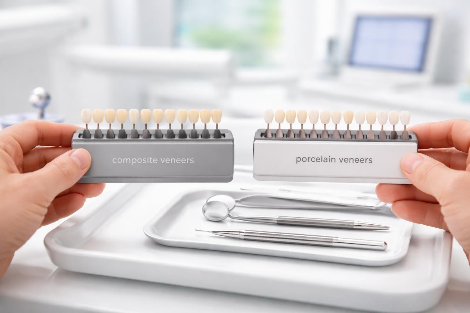 Close-up of a dentist holding two sets of dental veneer samples in a dental office.