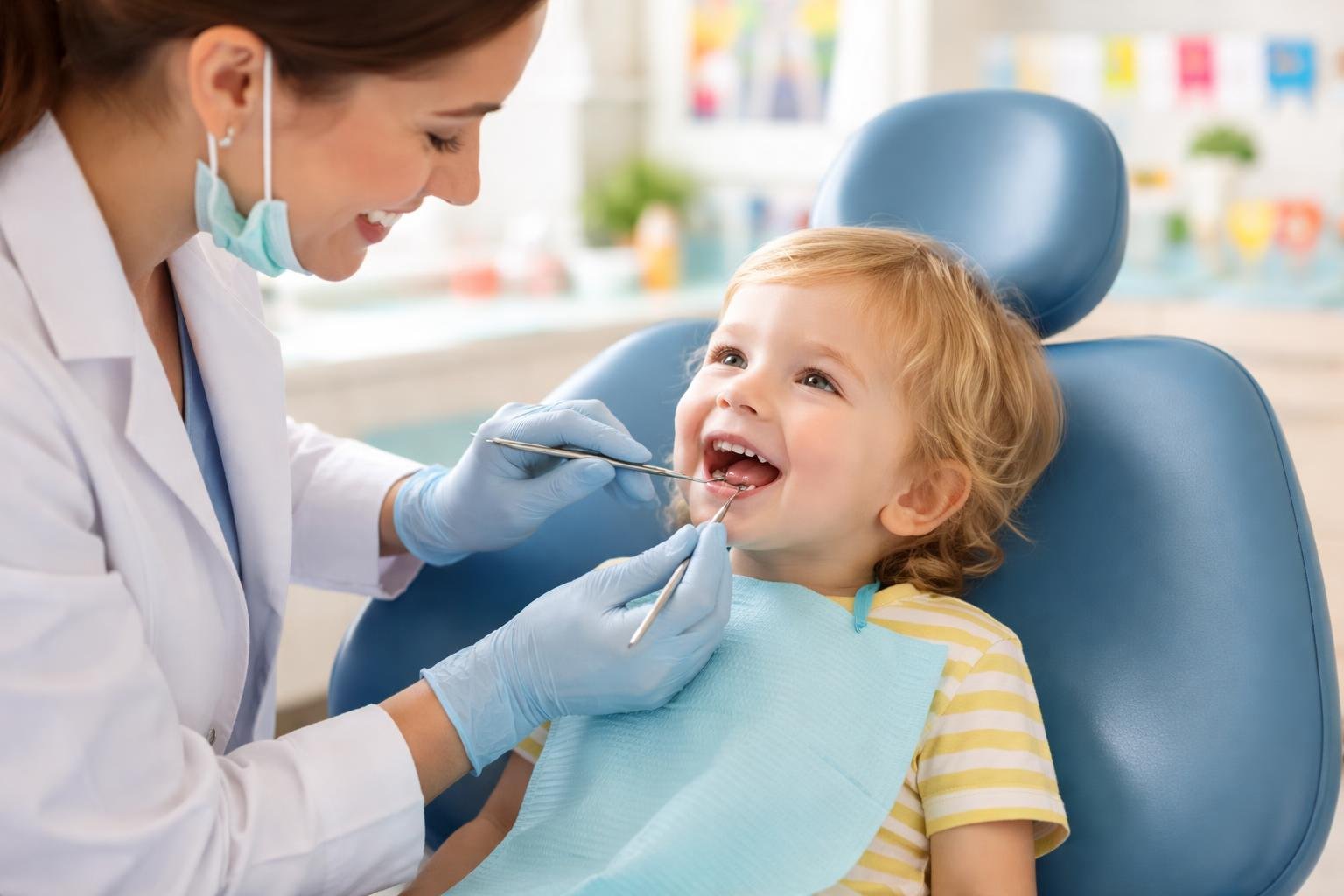 A young child sitting in a dental chair while a dentist gently examines their teeth in a bright, child-friendly dental office.