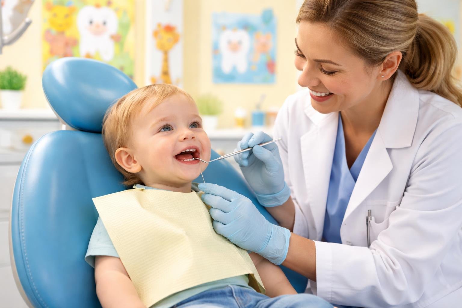 A toddler sitting in a dental chair being gently examined by a female pediatric dentist in a colorful dental office.