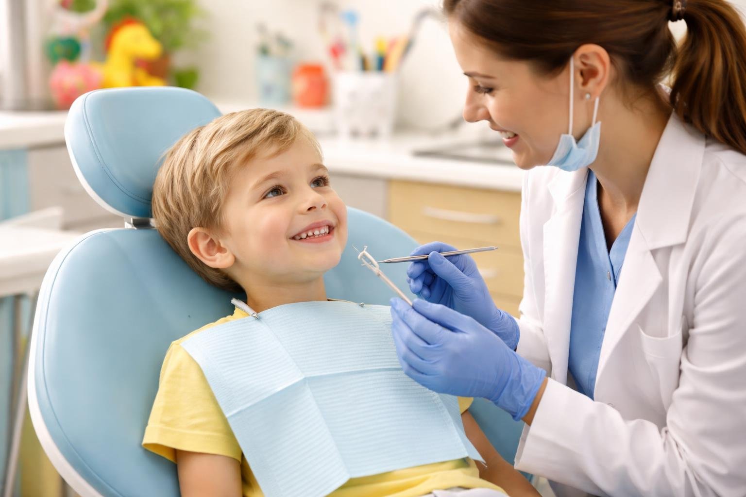 A pediatric dentist gently examining a smiling child sitting in a dental chair in a bright, child-friendly dental office.