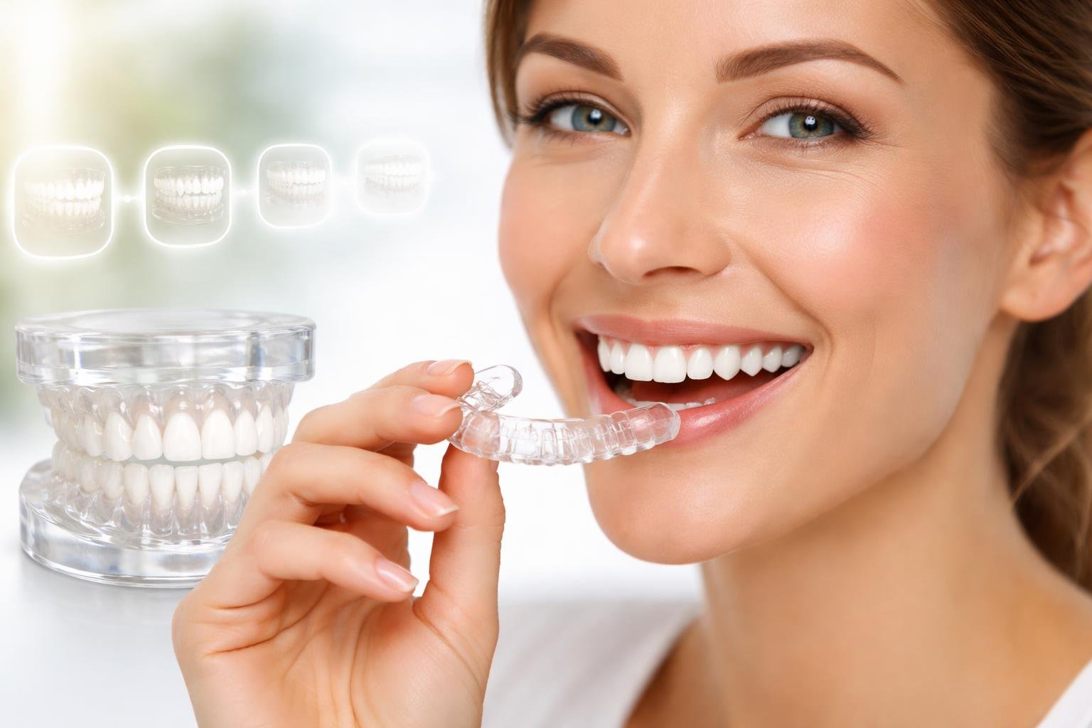 Close-up of a smiling woman holding a clear Invisalign aligner near her mouth with a dental model in the background.