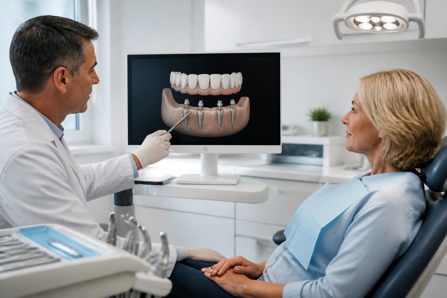 Dentist explaining All-on-4 dental implant treatment to a patient in a modern dental clinic using a 3D jaw model on a computer screen.