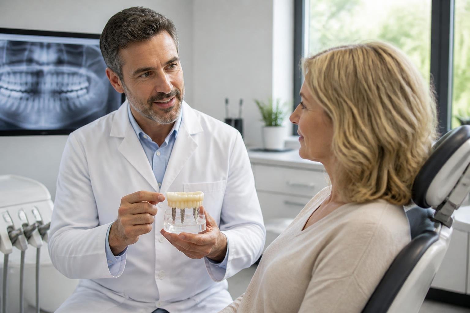 Dentist explaining dental implants to a patient in a modern dental office using a jaw model.